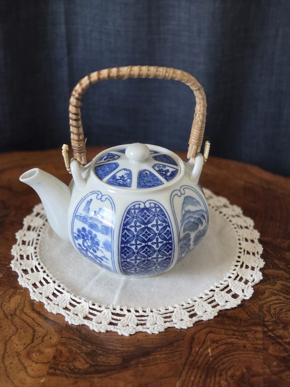 Blue & White Porcelain Teapot with Woven Bamboo Handle | Chinoiserie Decor